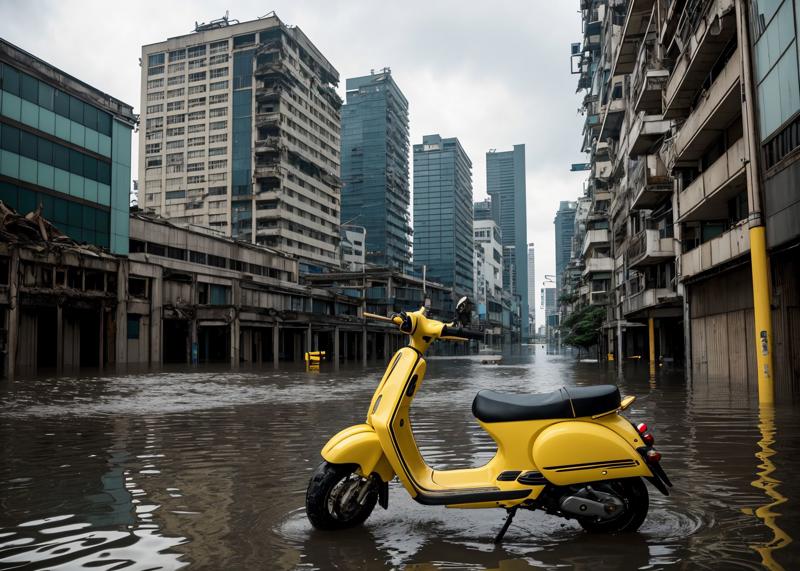 00245-serenity_v10[2e2afbf75c]-close up yellow scooter, Yokohama city, Dawn, half flooded with water, post-apocalyptic world, ruined buildings, dilapidated sky.jpg